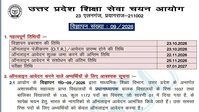 UP Headmaster Bharti 2026: उत्तर प्रदेश में हेडमास्टर के 1172 पदों पर रजिस्ट्रेशन स्टार्ट